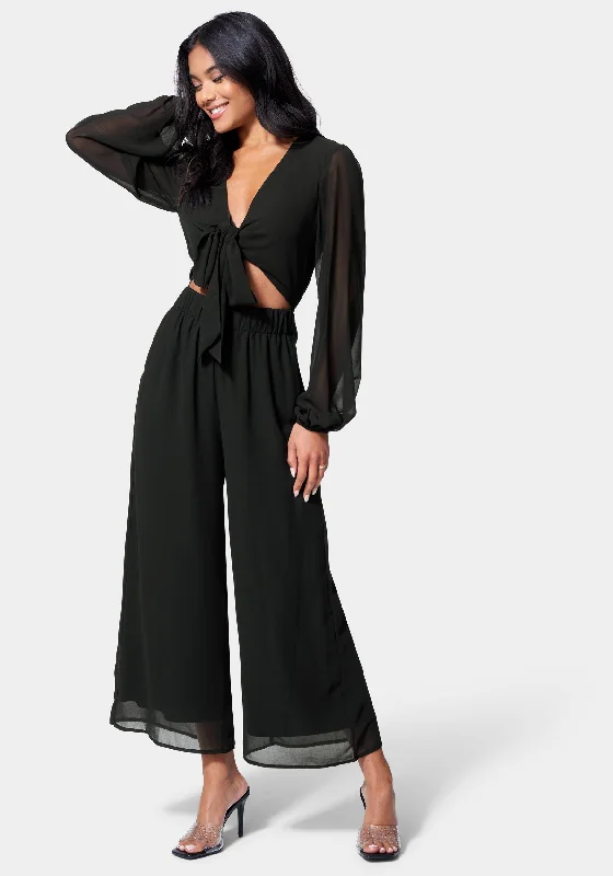 women's jumpsuits with long sleevesTie Front Elastic Waist Jumpsuit