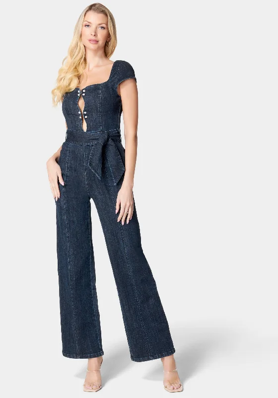 women's jumpsuits for springWide Leg Pearl Detail Denim Jumpsuit