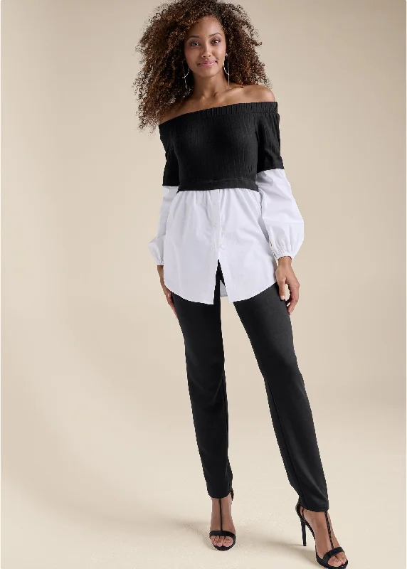 women's jumpsuits with off-the-shoulder sleevesLayered Shirting Jumpsuit - Black & White