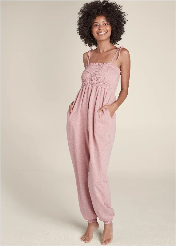 women's jumpsuits with halter necksSmocked Lounge Jumpsuit - Heathered Pink