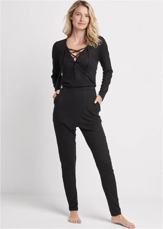 women's jumpsuits made of chiffonCozy Hacci Lace-Up Jumpsuit - Black