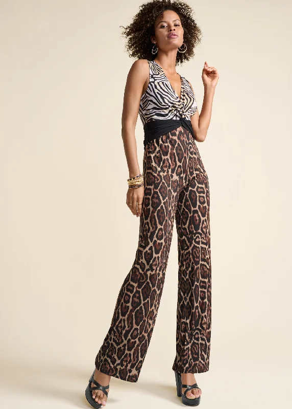 women's jumpsuits with bow tiesAnimal Print Twist Jumpsuit - Black Multi