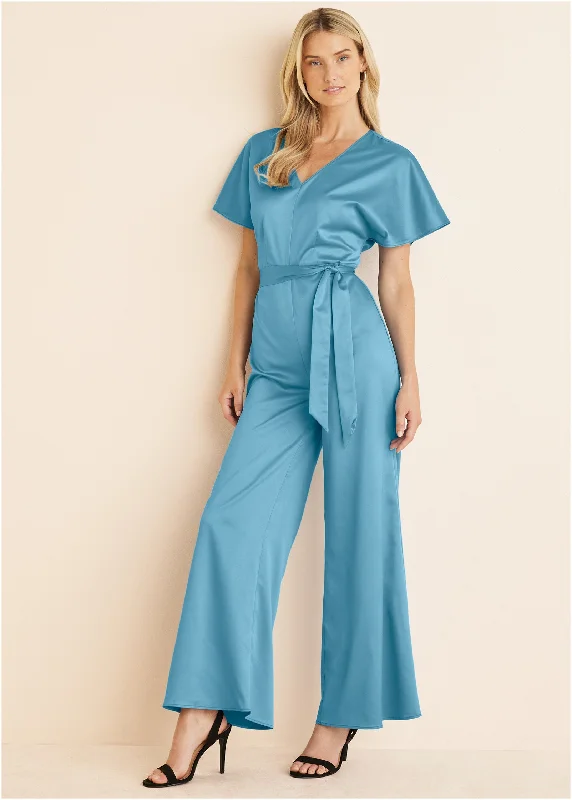 women's jumpsuits with cinched waistsFlutter Sleeve Jumpsuit - Blue