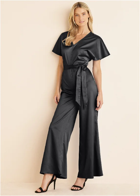 women's jumpsuits with V-necksFlutter Sleeve Jumpsuit - Black