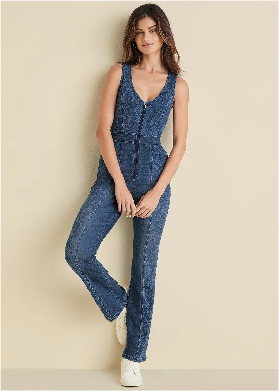 women's jumpsuits for easy dressingLace Print Denim Jumpsuit - Medium Wash