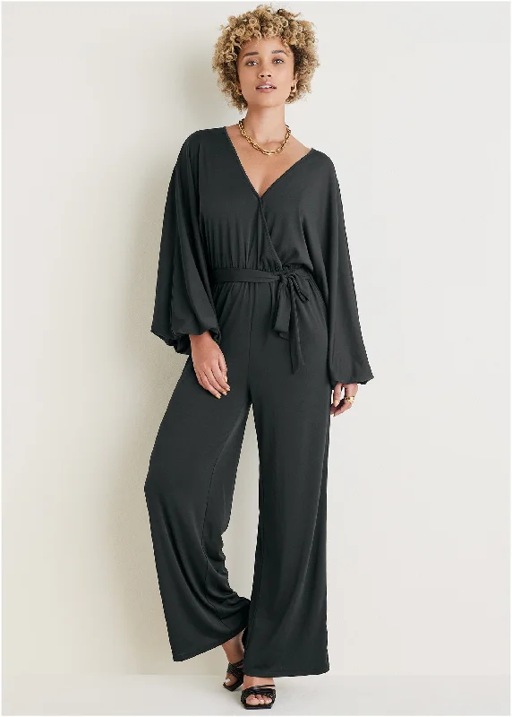 women's jumpsuits with solid colorsVolume Sleeve Detail Jumpsuit - Black