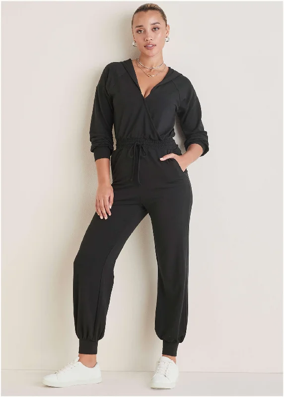 women's jumpsuits for everyday wearCasual Hooded Jumpsuit - Black