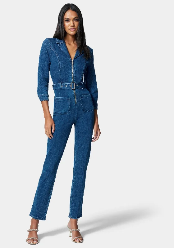 women's jumpsuits for easy dressingZip Front Belted Skinny Leg Denim Jumpsuit