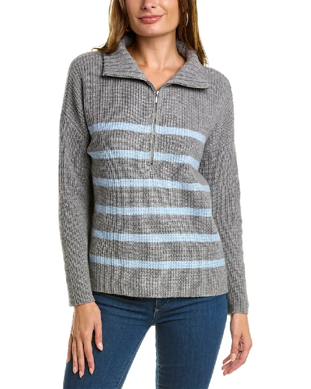 Flannel Knitted Crewneck SweatersForte Cashmere Striped Rib Mock Neck Wool & Cashmere-Blend 1/2-Zip Sweater